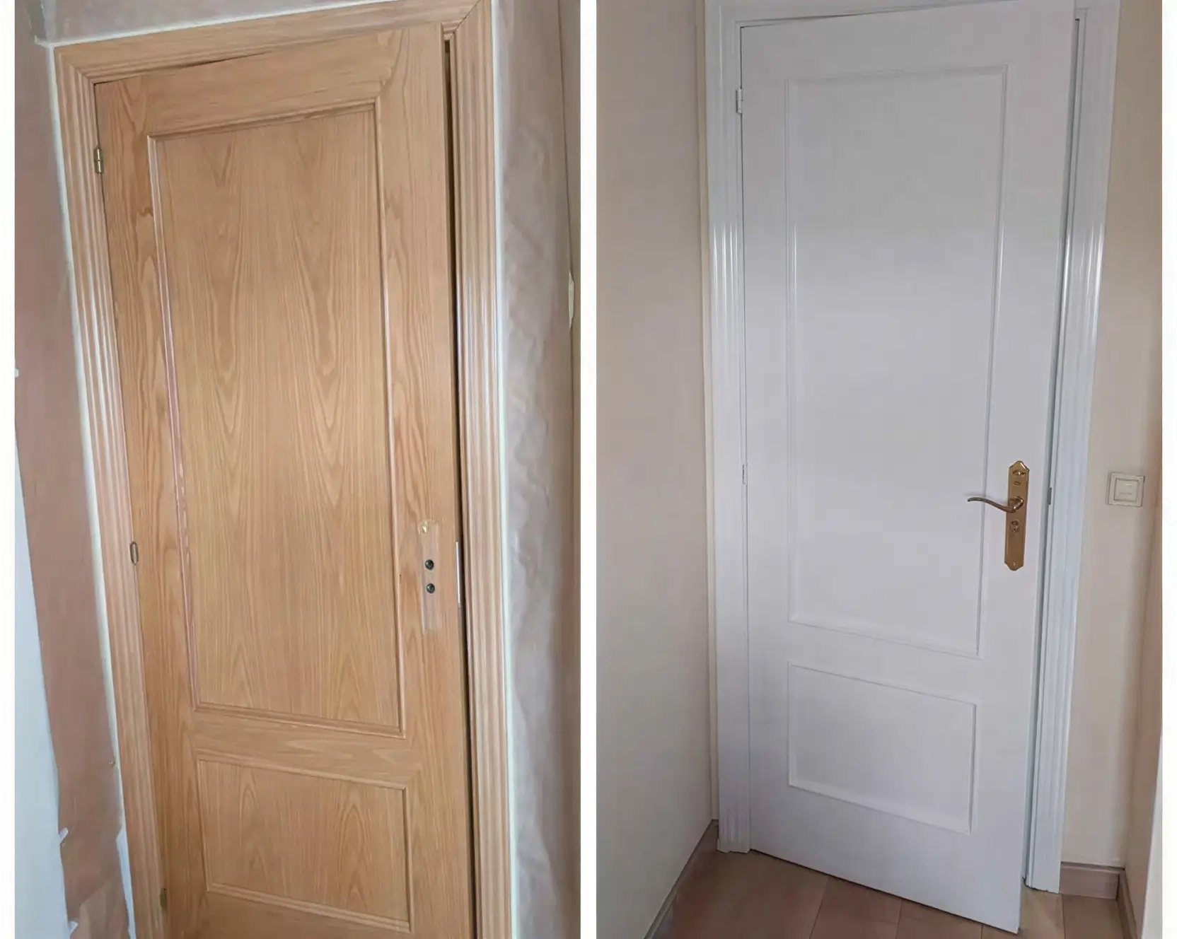 Antes y después de lacar puerta de madera en blanco por Los Pintores Sabadell
