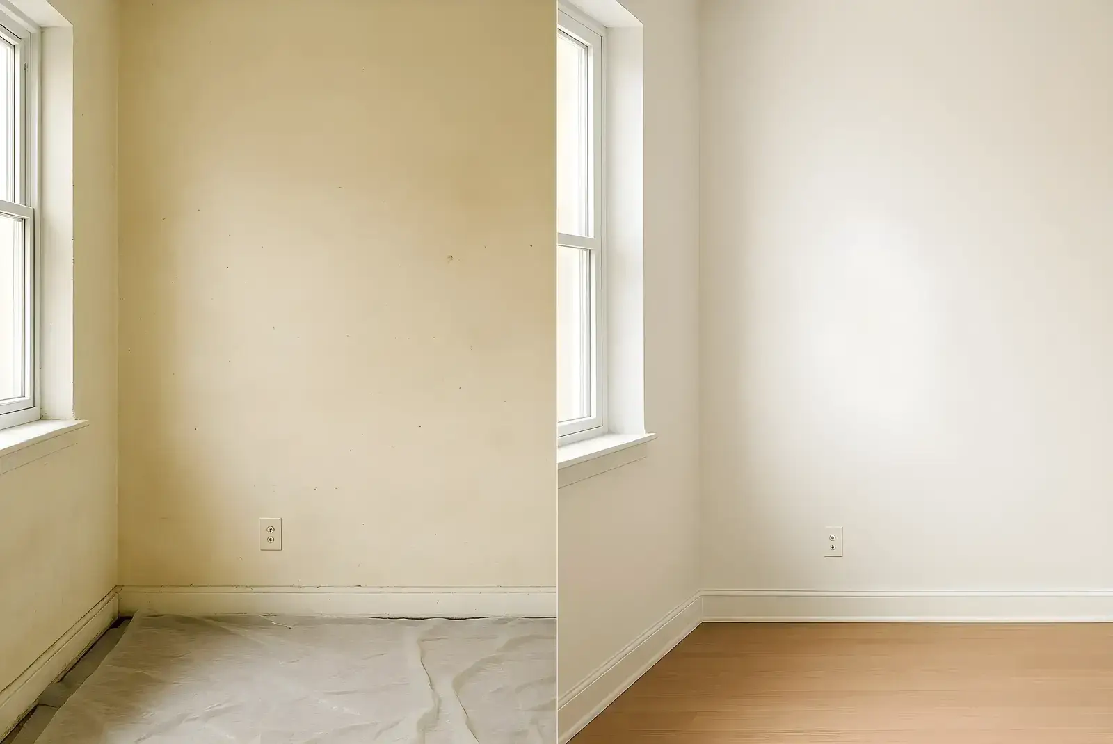 Antes y después de pintura interior en salón, trabajo de Los Pintores Sabadell con paredes renovadas